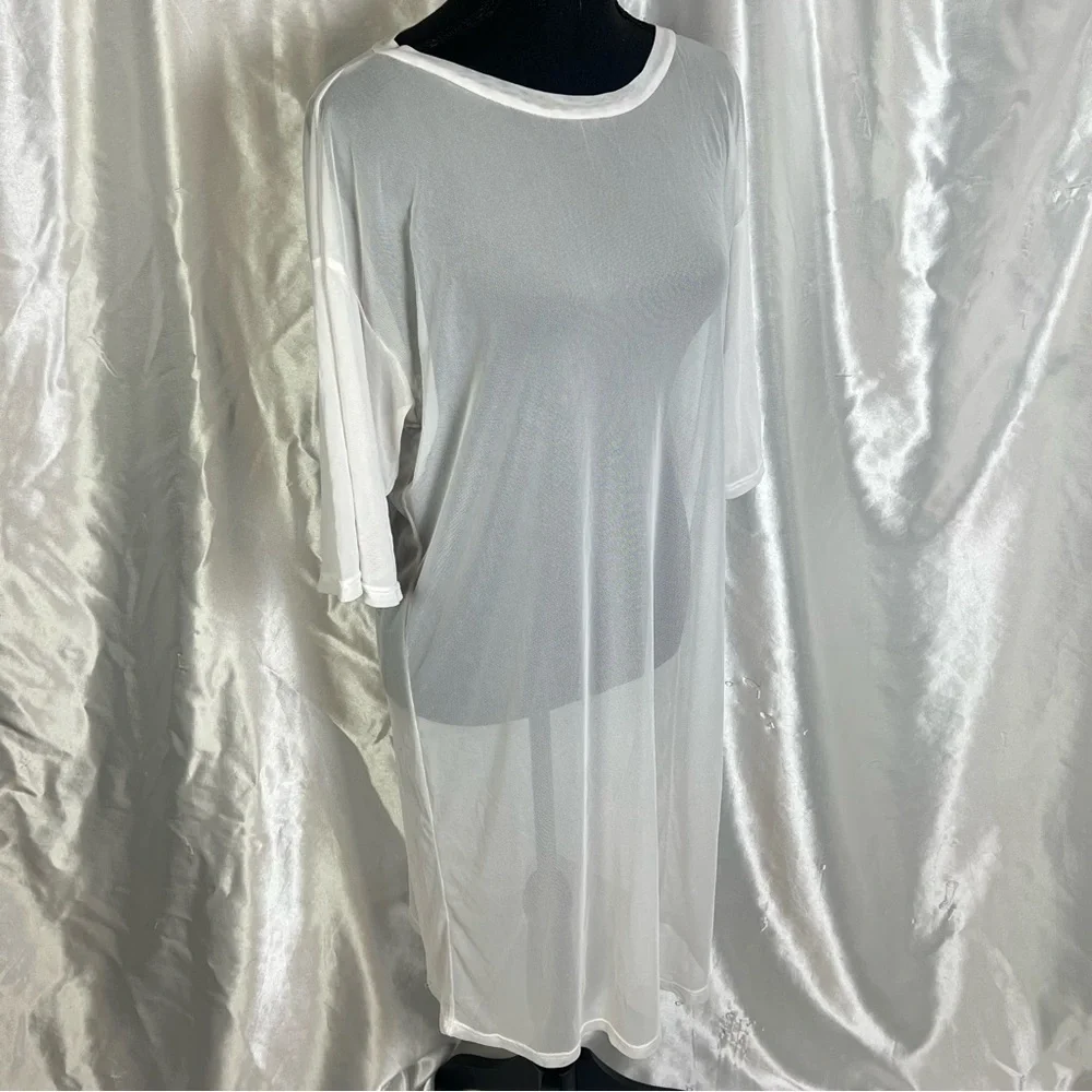 Sheer White Tunic Swim Cover-Up – Half Sleeve Resortwear – OSFM